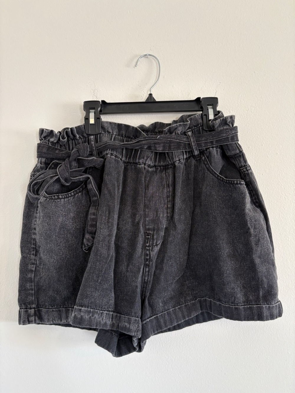 High-Rise Paperbag Denim Shorts in Washed Charcoal